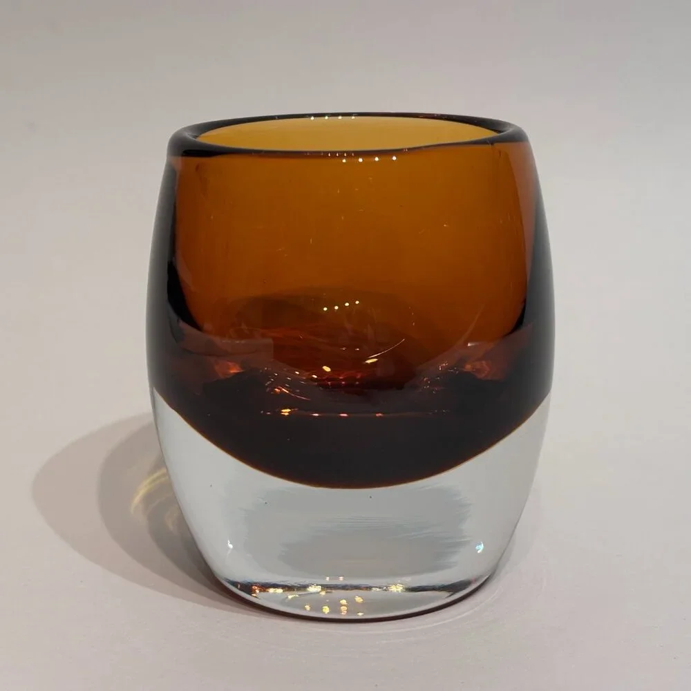 Set of 2 Crate and Barrel Topaz Amber Glass Diva Votive Candle Holders 3.5”